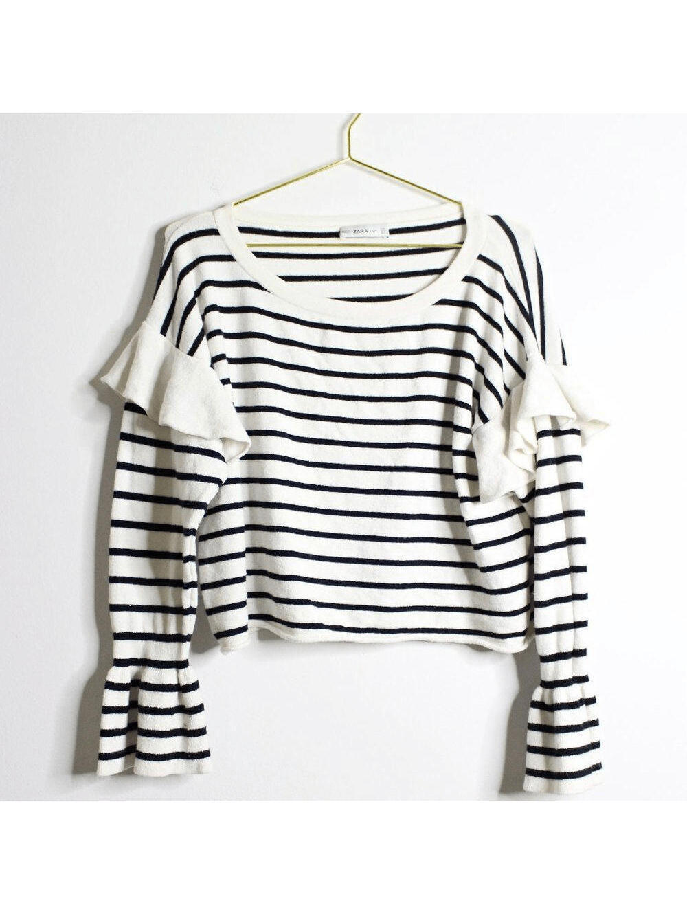 Zara Black White Striped Ruffle Long Sleeve Pullover Sweater - Small